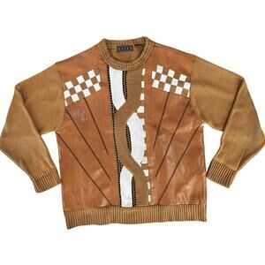 GOCHU Mens Vintage 90's Acrylic Sweater Brown Leather Patch Cosby Coogi SZ Large